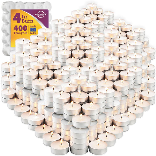 MontoPack Unscented Tea Light Candles 400 Pack | 4 Hours, White, Smokeless, Dripless Small Votive Paraffin Tealights | Long-Lasting for Home, Shabbat, Weddings, Events, Emergencies | Mini Candles Bulk