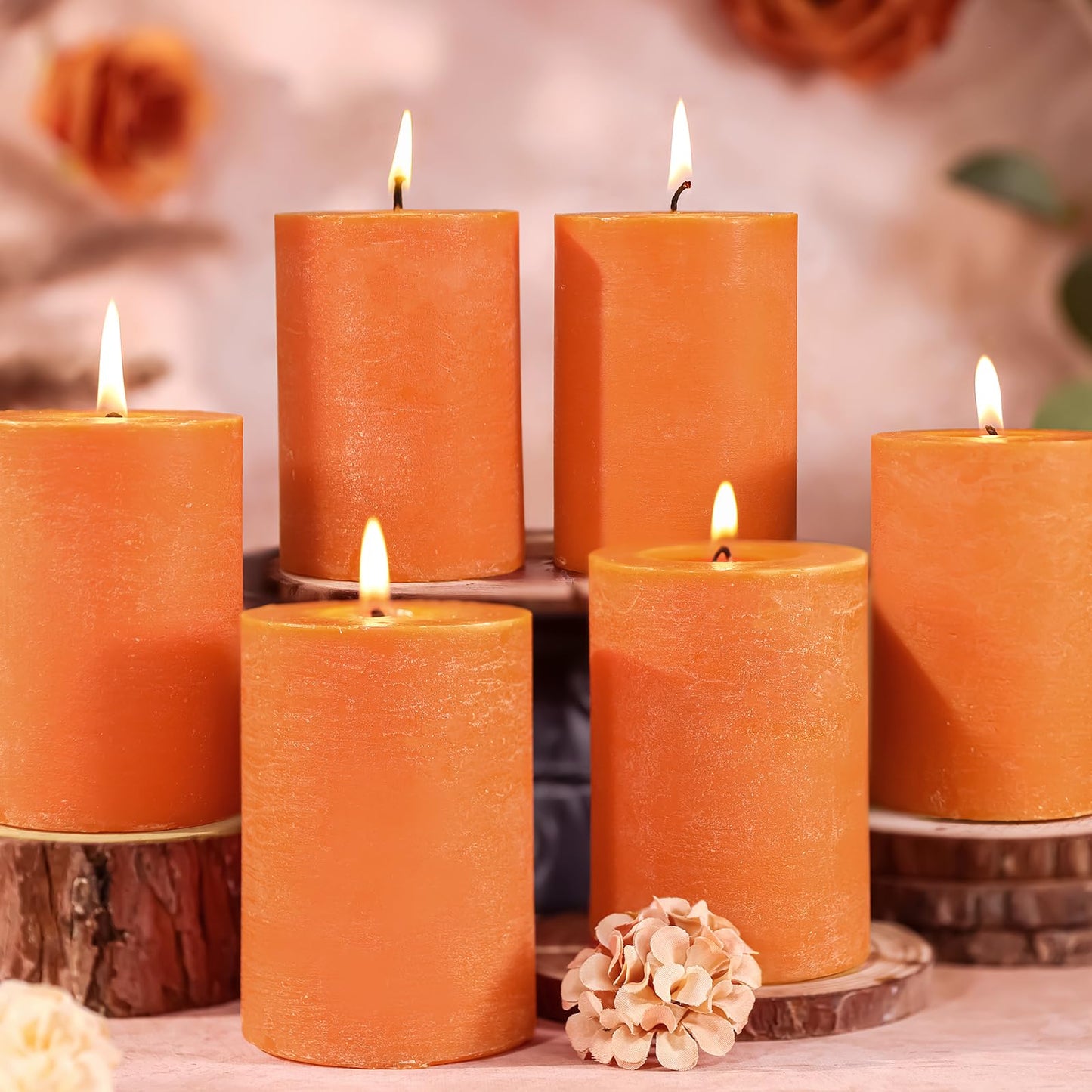 Burnt Orange Rustic Pillar Candles 6 Pack | 2.8" x 4" Soy Wax Candles, 55 H Long Burning, Smokeless Unscented Rustic Candles for Wedding, Home Decor, Farmhouse, Thanksgiving