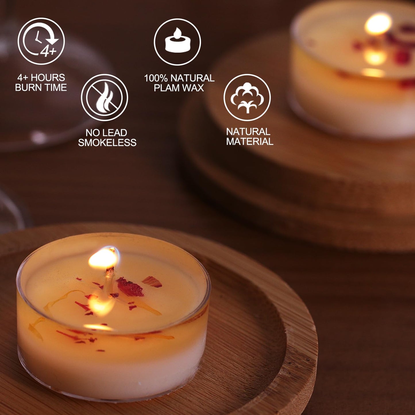 16Pcs Rose Scented Tealight Candles, Palm Wax White Tea Lights, 4h Long Burning Tea Light Candles with Dried Flowers for Holiday, Wedding, Spa, and Home Decoration