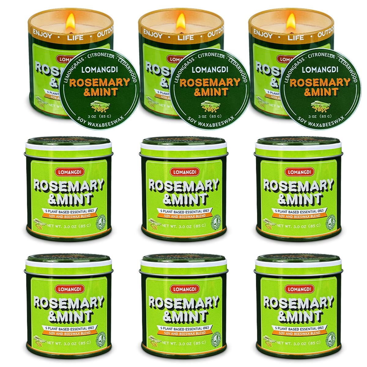 Rosemary Mint Scent Candles 9-Pack | 3oz Aromatherapy Candles | Made with Various Plant-Based Essential Oils and Soy/Beeswax Blend | 18 Hour Burn Time Indoor Outdoor Candle