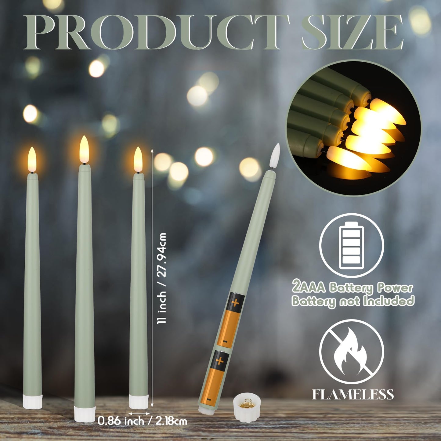 Macarrie 24 Packs Flameless Taper Candles Battery Operated Fake 11 Inch Long Candlelight LED Flameless Candlesticks Flickering Tapered for Spring Summer Wedding(Light Green)