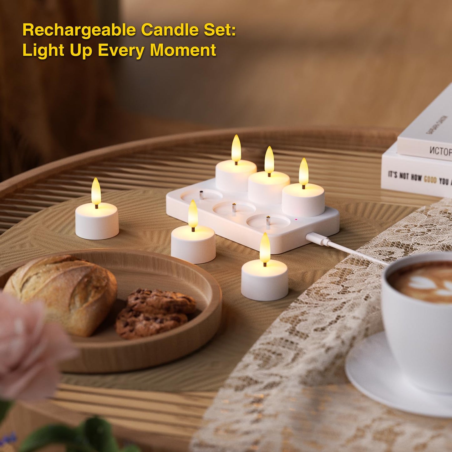 Staerysky Flameless Tea Lights Candles with Charging Station,LED Tea Lights Candles with Remote Control Timer for Valentine's Day,Wedding,Centerpiece Table Decorations,Anniversary,Home Decor,6-Pack