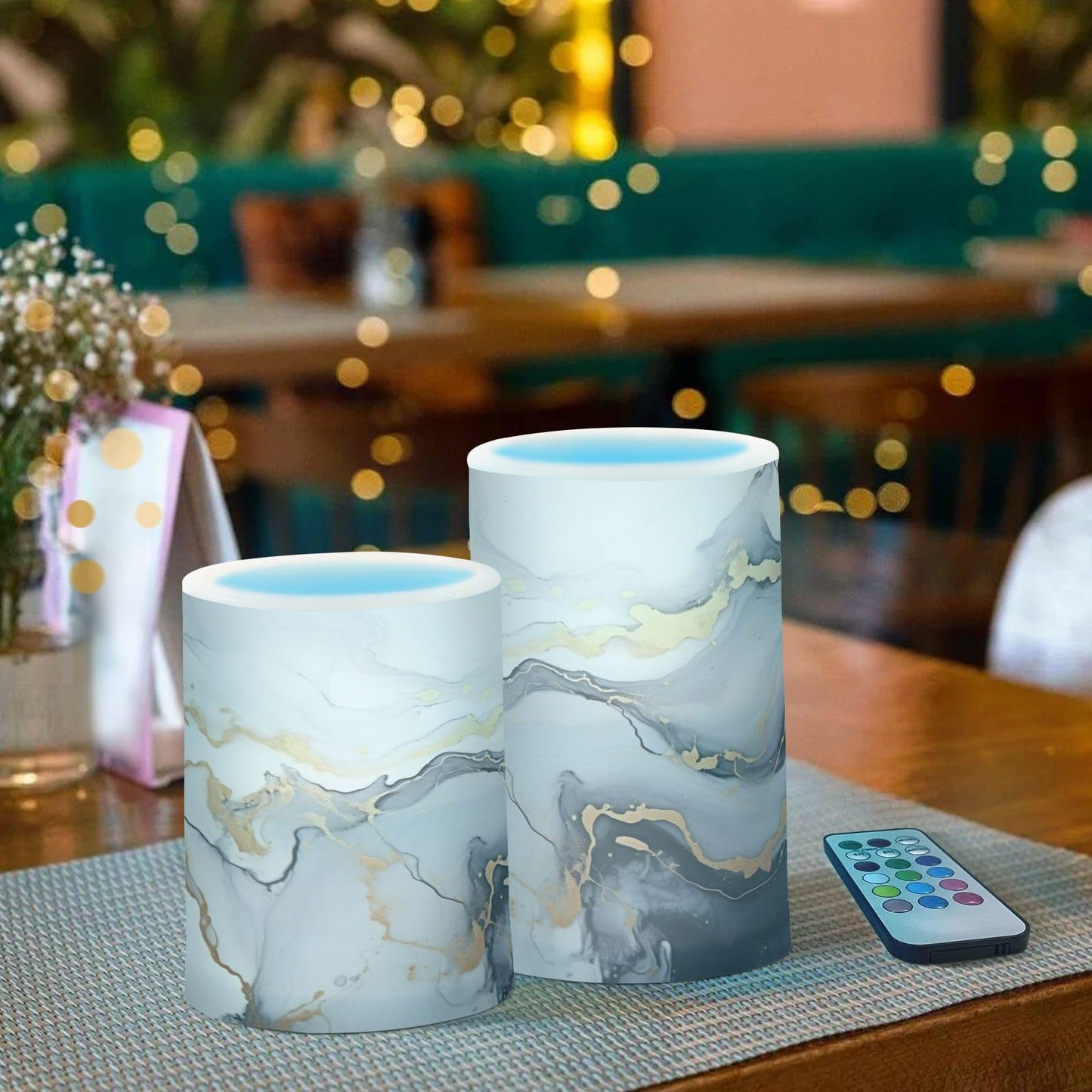 GUIJI Black Marble Flameless Candles with Remote, Set of 2 Battery-Operated Pillar Candles for Home, Christmas, Party Decor