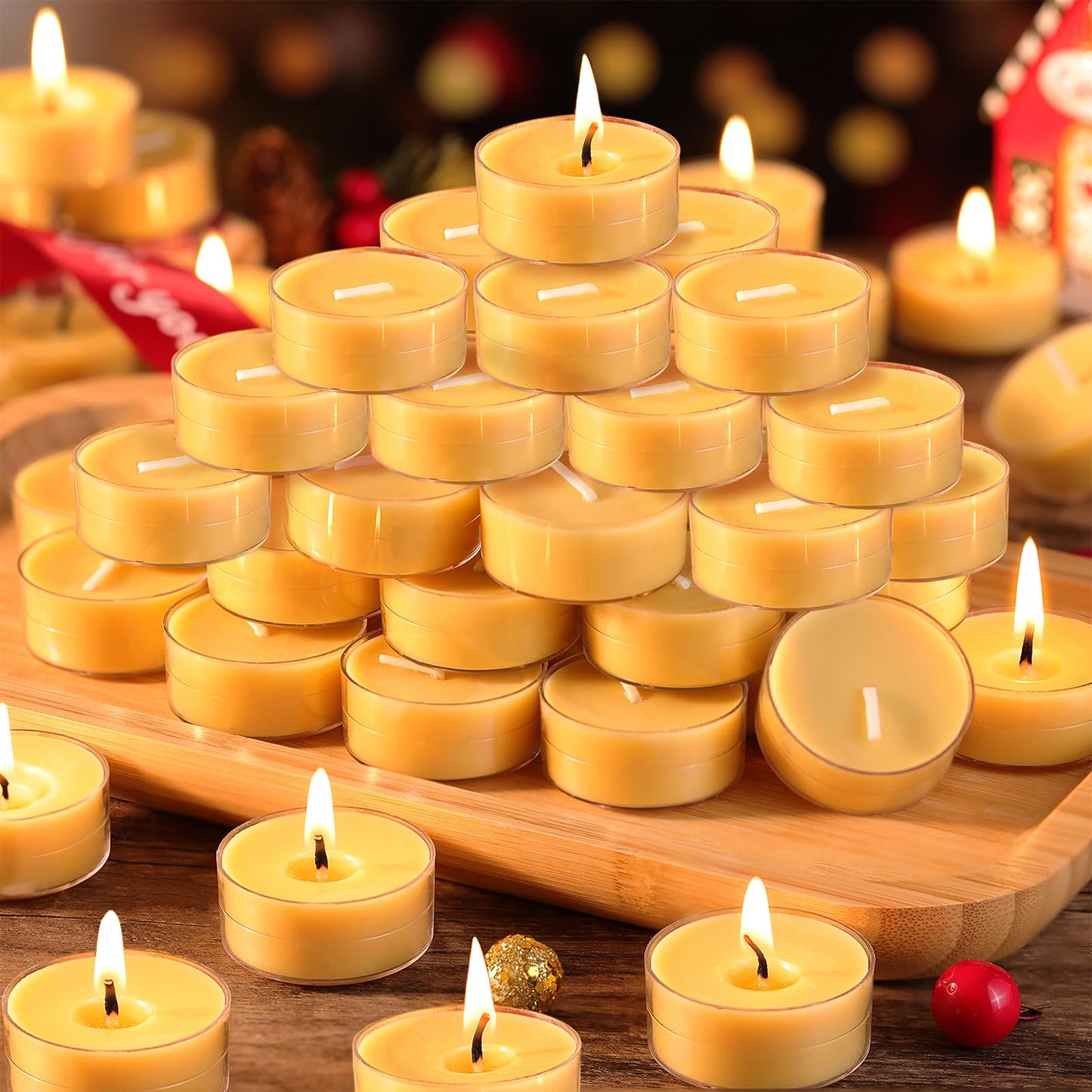 DEVI 90 Pack Pure Beeswax Tea Lights Candles Bulk 4 Hours, 100% Natural Beeswax Tea Candles Bulk, Unscented Bees Wax Votive Tea Lights for Home Decor, Bees Wax for Wedding Party Supplies Favors