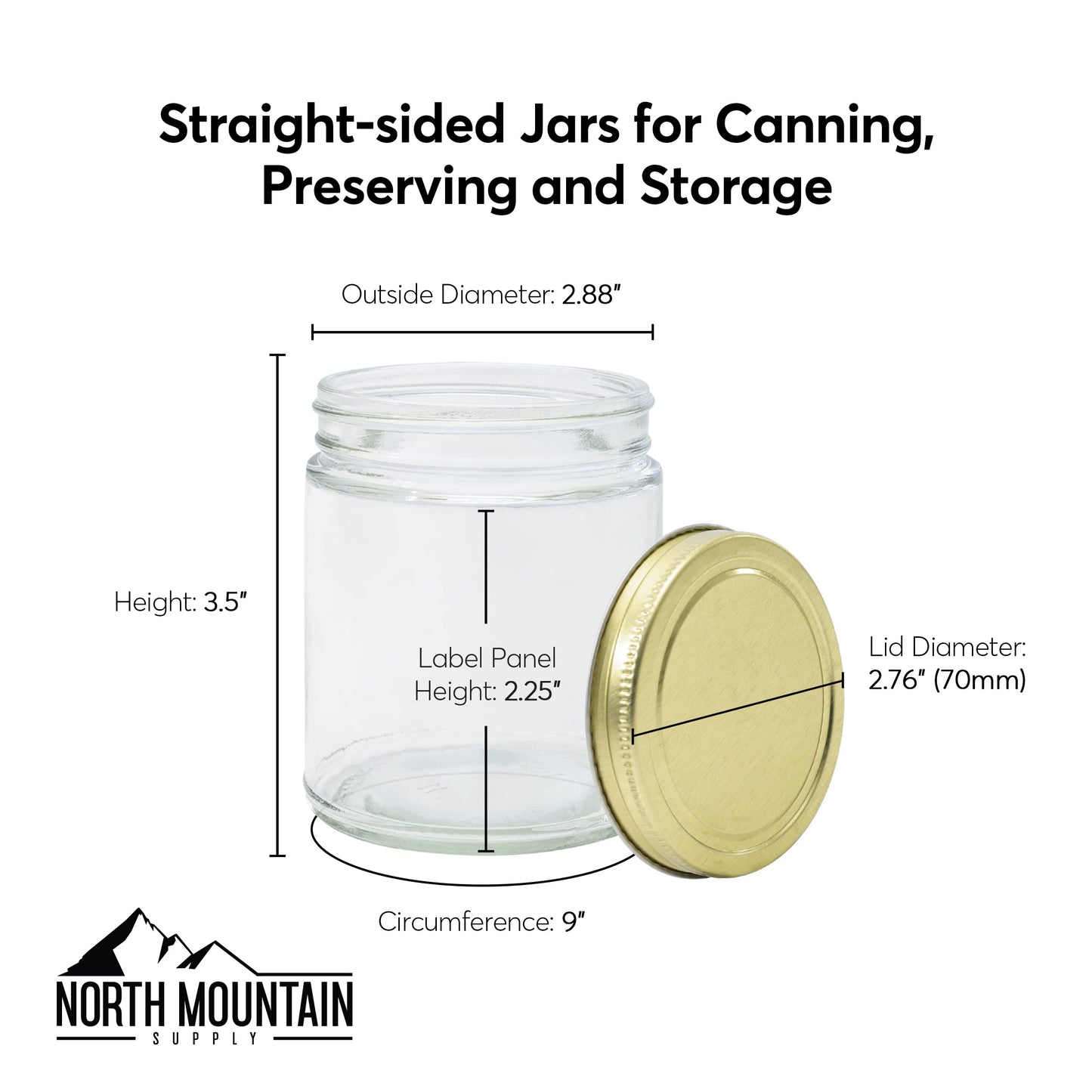 North Mountain Supply 9 Ounce Clear Glass Straight Sided Mason Canning Jars- With 70mm Gold Metal Lids - Case of 12