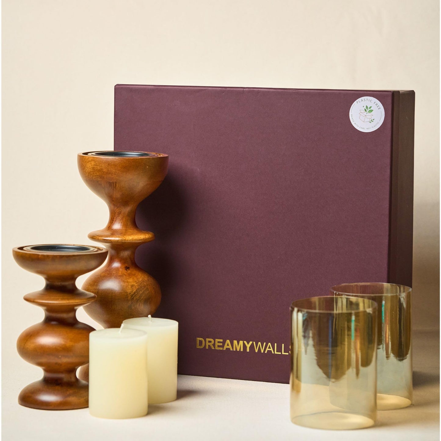 Dreamy Walls Wood Candle Holders, Set of 2 (Two Sizes) - Farmhouse Boho Pillar Candle Stands with Glass Covers, Handmade Wood Table Centerpiece Decor (Gift Pack - with 2 Candles)