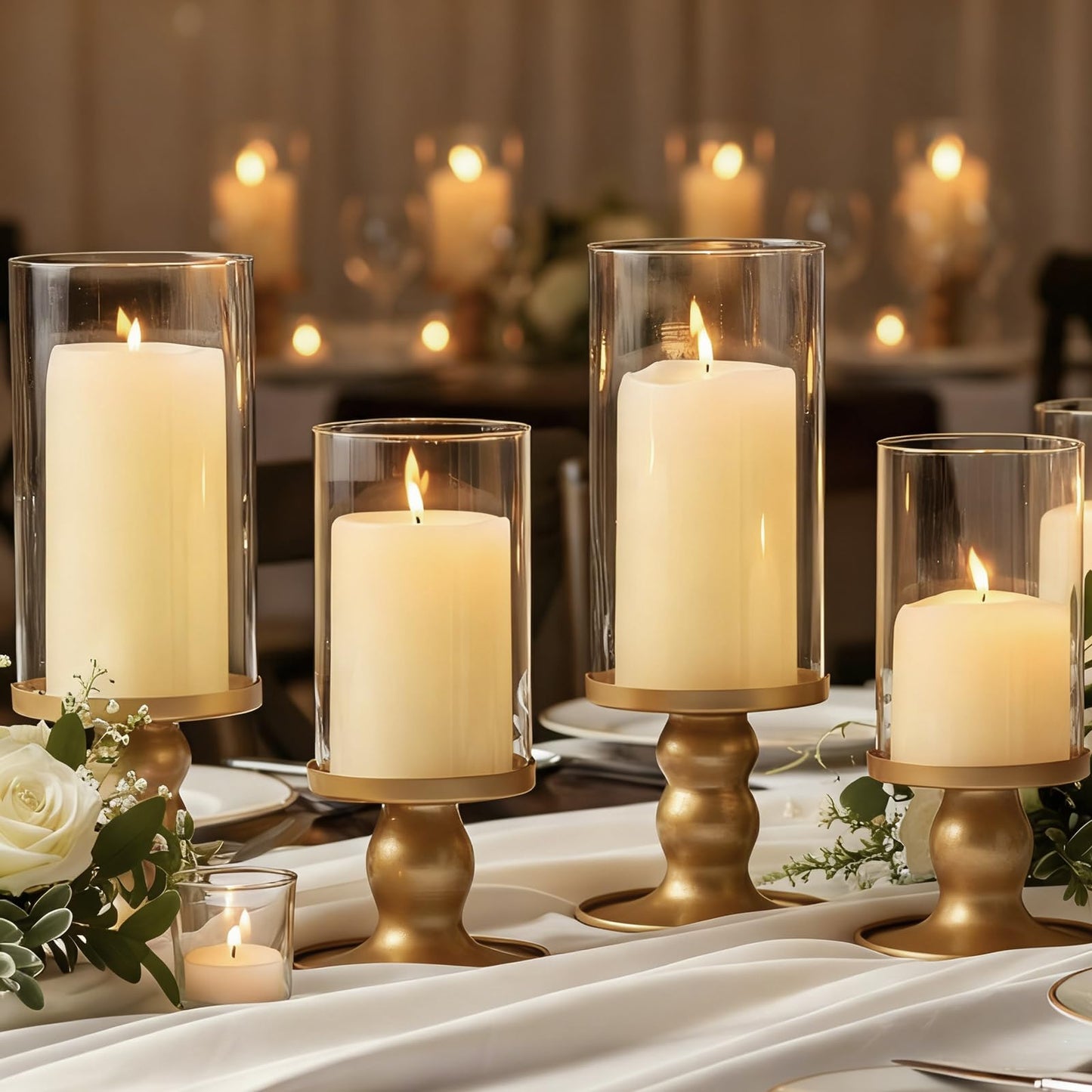NITIME 4Pcs Hurricane Candle Holder for Pillar Candles, Gold Candle Holders with Clear Glass Sleeve for Table Centerpieces,Pillar Candle Holders for Home Decor, Wedding, Holiday and Party Decor