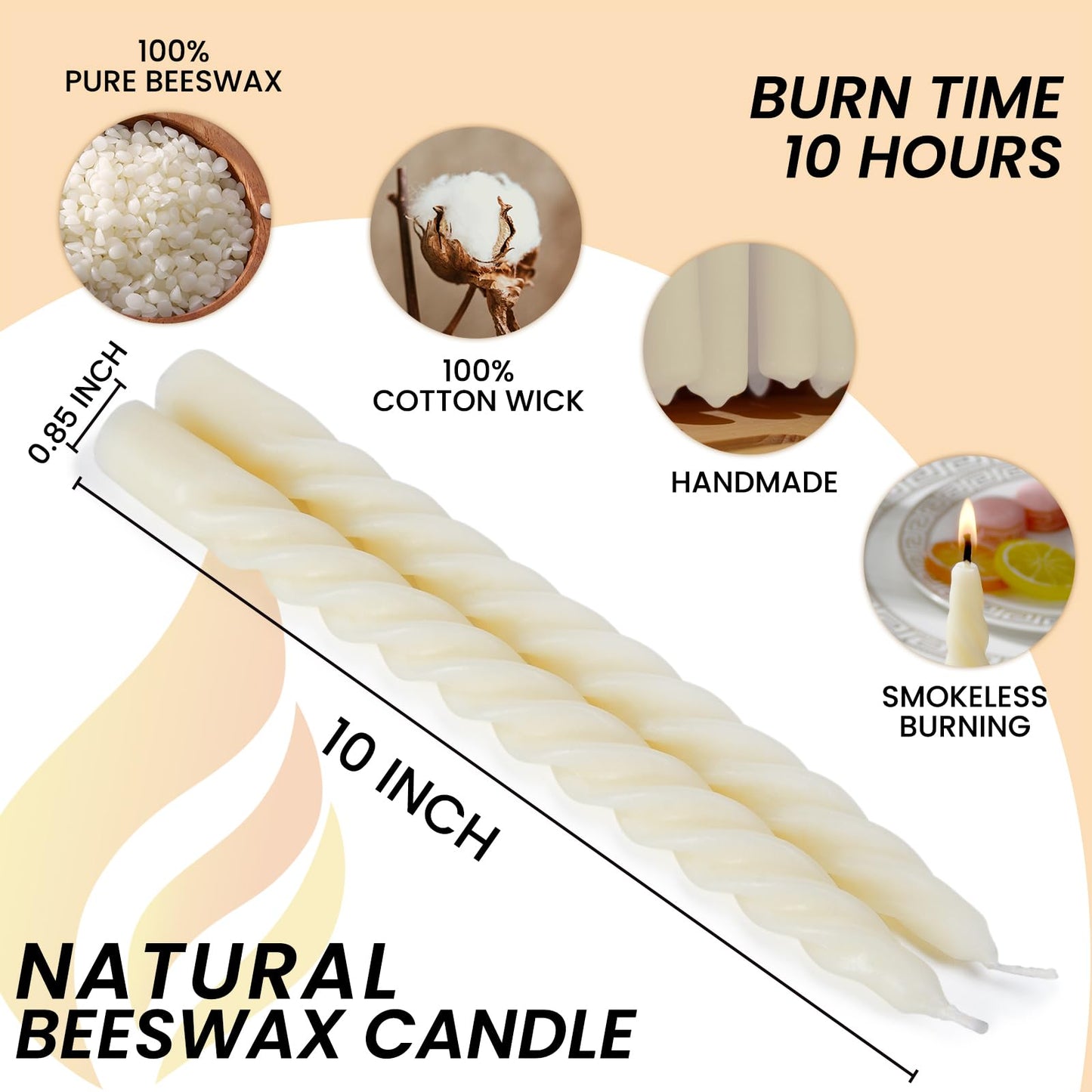 AGLARY 2PCS 10-Inch Pure Beeswax Spiral Taper Candles, Twisted Stick Candles, Dripless & Unscented for Weddings, Christmas, Dinner, Meditation - White