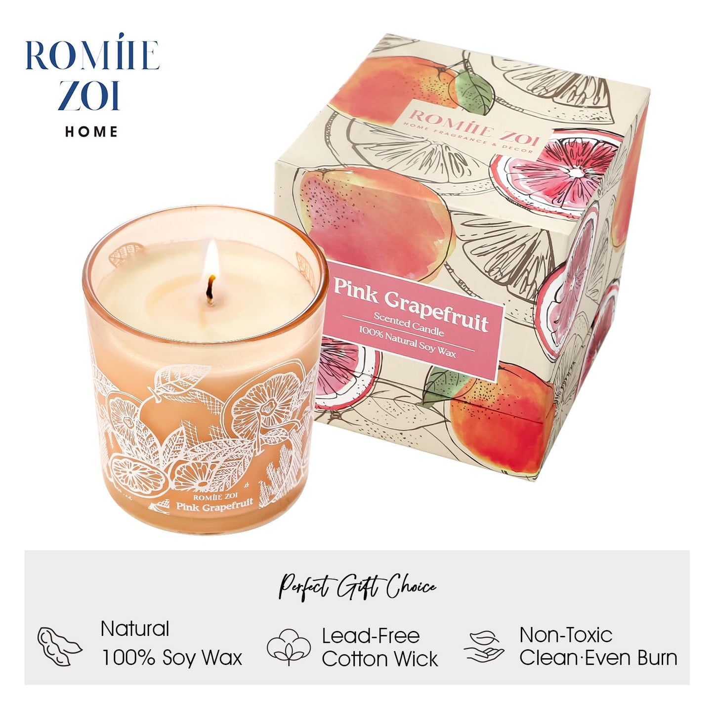 ROMIIE ZOI Scented Candle - Pink Grapefruit - 6oz Aromatherapy Soy Wax Jar Candle for Home, Gifts for Women - 170g