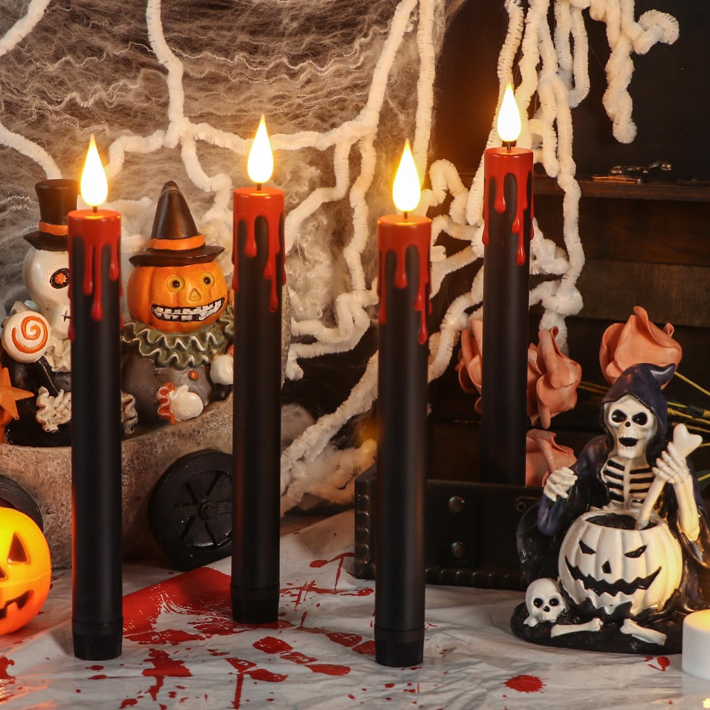 Eldnacele LED Flameless Taper Candles Battery Operated with Remote and Timer 3D Wick Flickering Blood Dripping Halloween Dinner Spooky Horror Home Decoration Set of 4 Black Candles, 0.78" x 8.9"