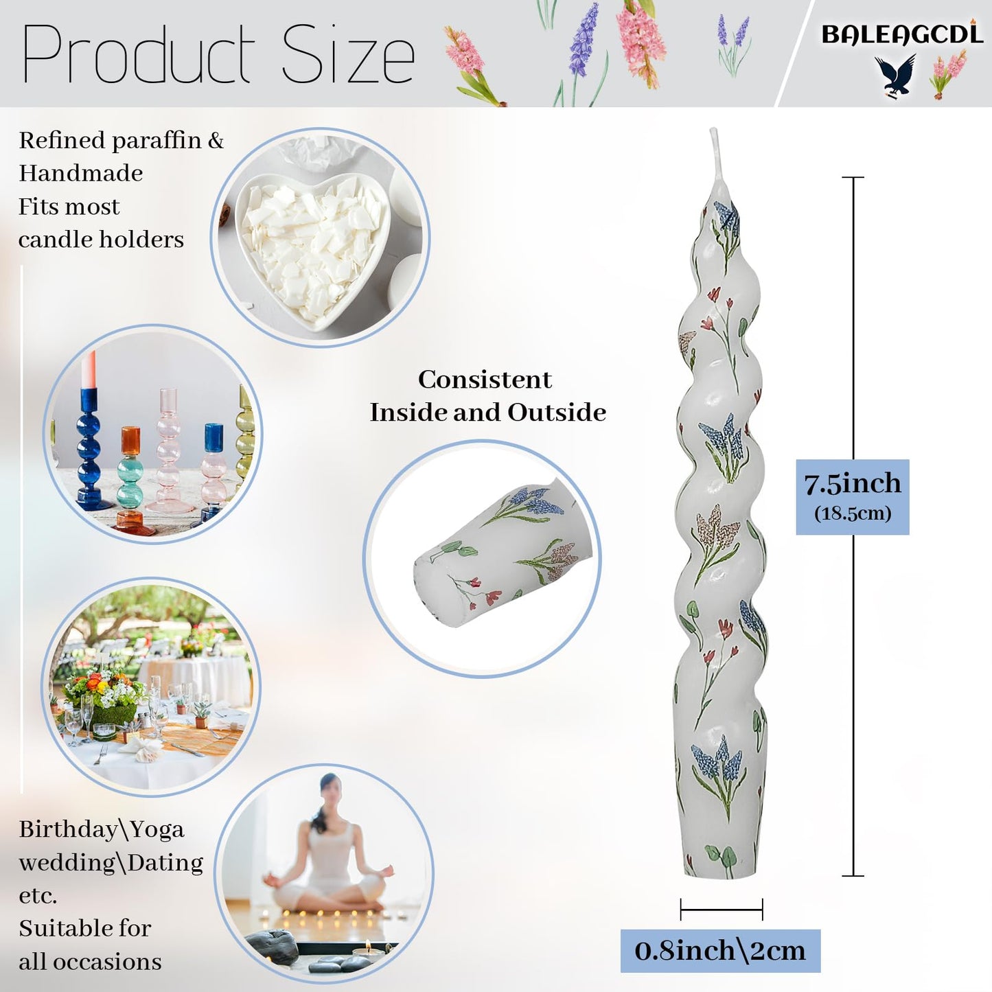 Printed Taper Candle Hyacinth Floral Spiral Candle Sticks 7.5 Inch Short Candlestick Handmade Twisted Candles for Home Wedding Holiday Decor Gifts Set of 4