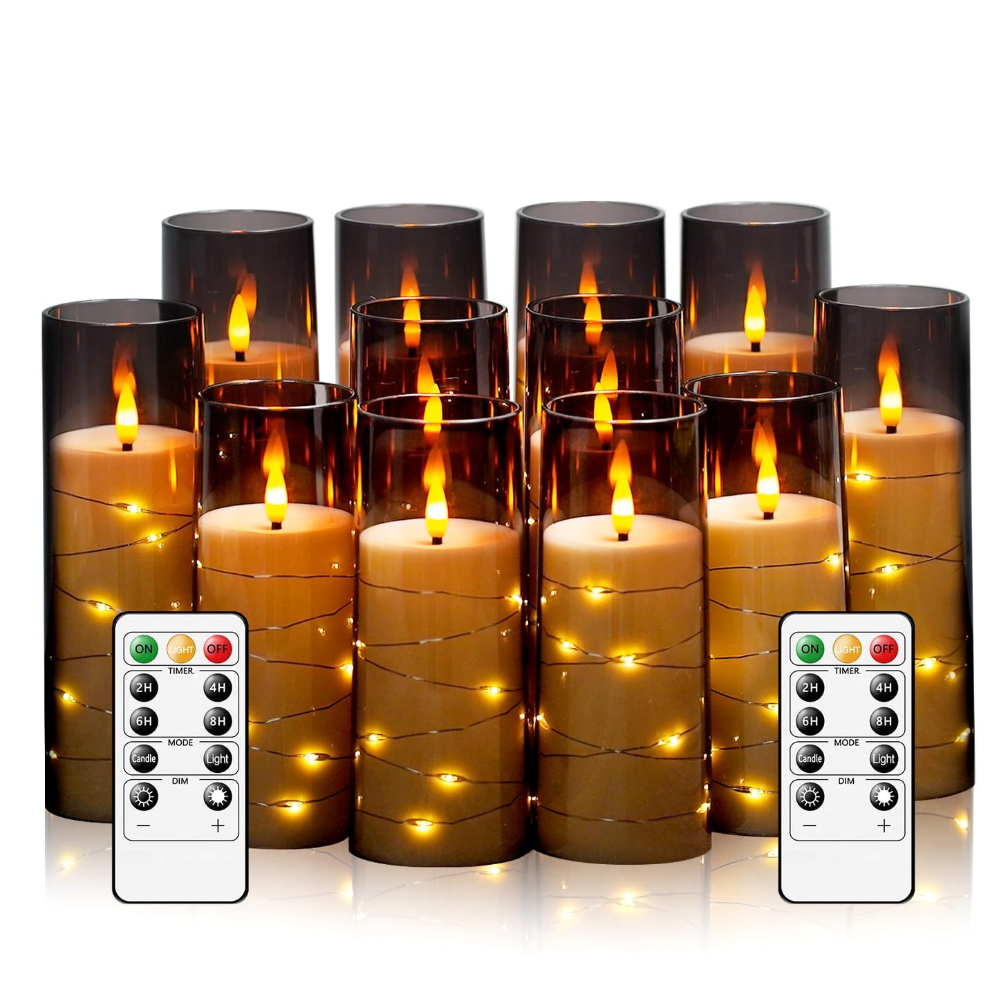Sasigeiaa Flameless Candles with Embedded Star String - Battery Operated LED Candles, with Remote,12 Grey Flickering Candles for Christmas, Weddings, Home Decor & Party,(D 2.3"×H 5" 6" 7")