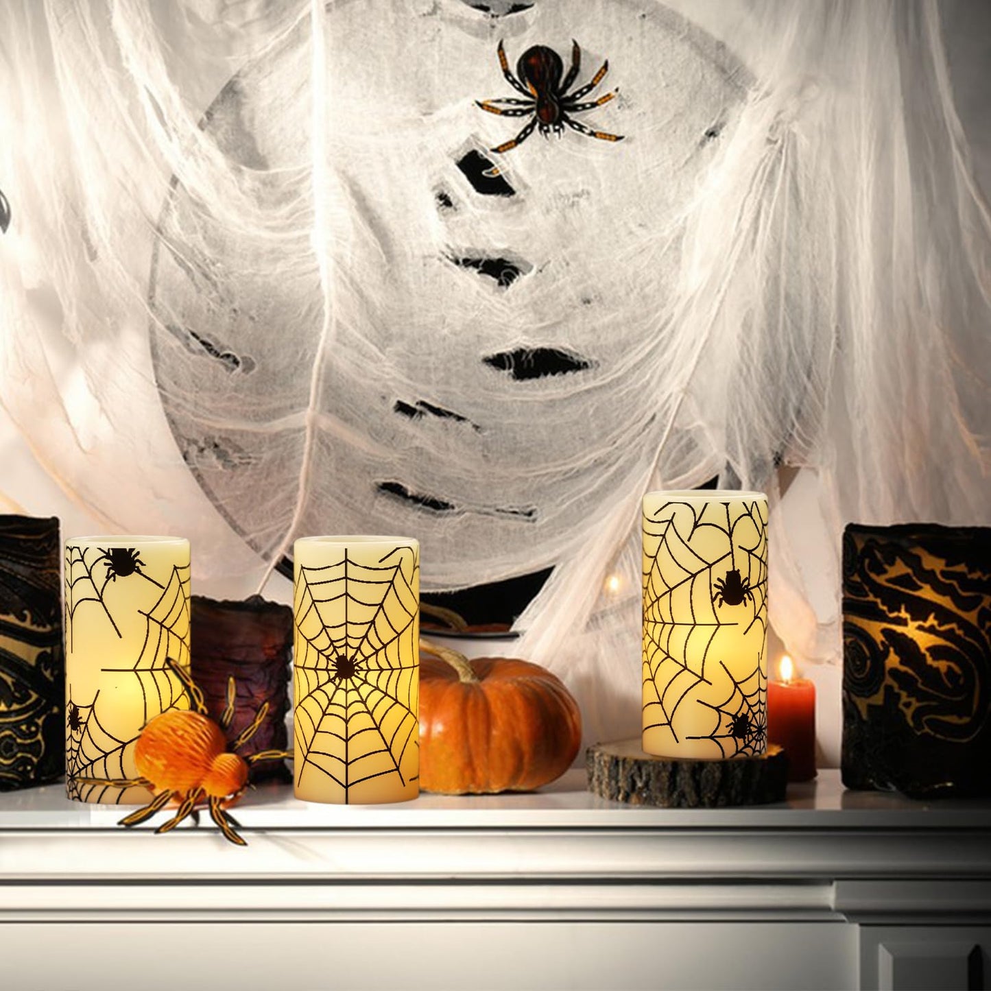 DRomance Flameless Candles Battery Operated with Timer, Set of 3 Spider Cobweb Decals Yellow Light Real Wax LED Flickering Pillar Candles Dinner Tabletop Halloween Home Decoration (3" x 6")