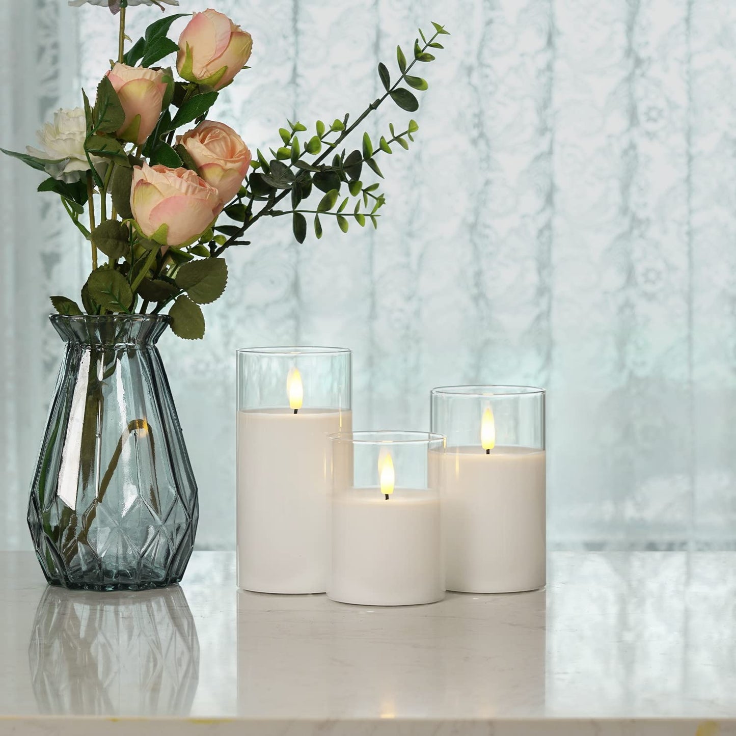 Homemory Clear Glass Flameless Candles, Pure White Wax Battery Operated Candles, LED Pillar Candles with Remote Control and Timers, D3 H4 5" 6", Set of 3