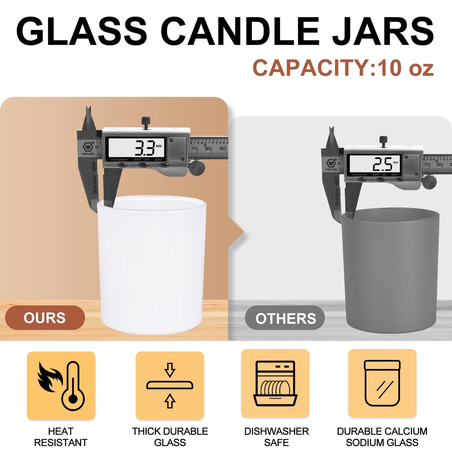 SHOWIN 10 OZ Thick Candle Jars for Making Candles 15 Pcs, Empty Jars with Wood Lids for Candle Making, Sample Container, Glossy White