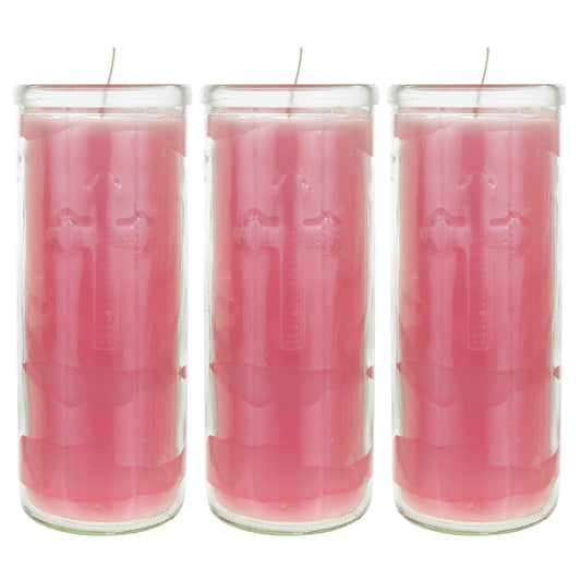 Mega Candles 3 pcs Unscented Pink Dual Cross Glass Container Altagraciano Devotional Prayer Candles, Premium Wax Candle 3 Inch x 7.25 Inch, Sanctuary, Vigils, Prayers, Blessings, Religious, Memorials