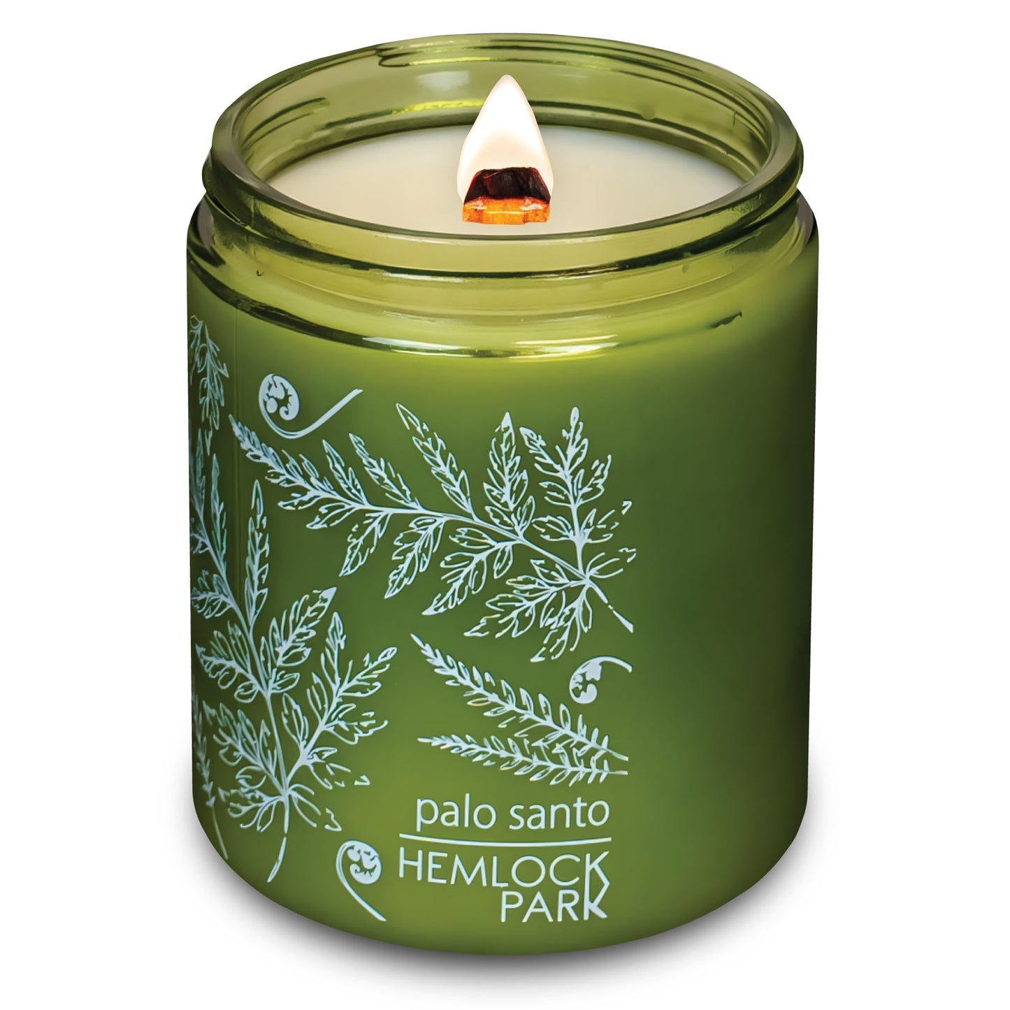 Hemlock Park Palo Santo Green Glass Hand-Poured Scented Candle | Crackling Wood Wick, Botanical Fragrance & Coconut Wax | Up to 60 Hour Burn Time | 8 oz