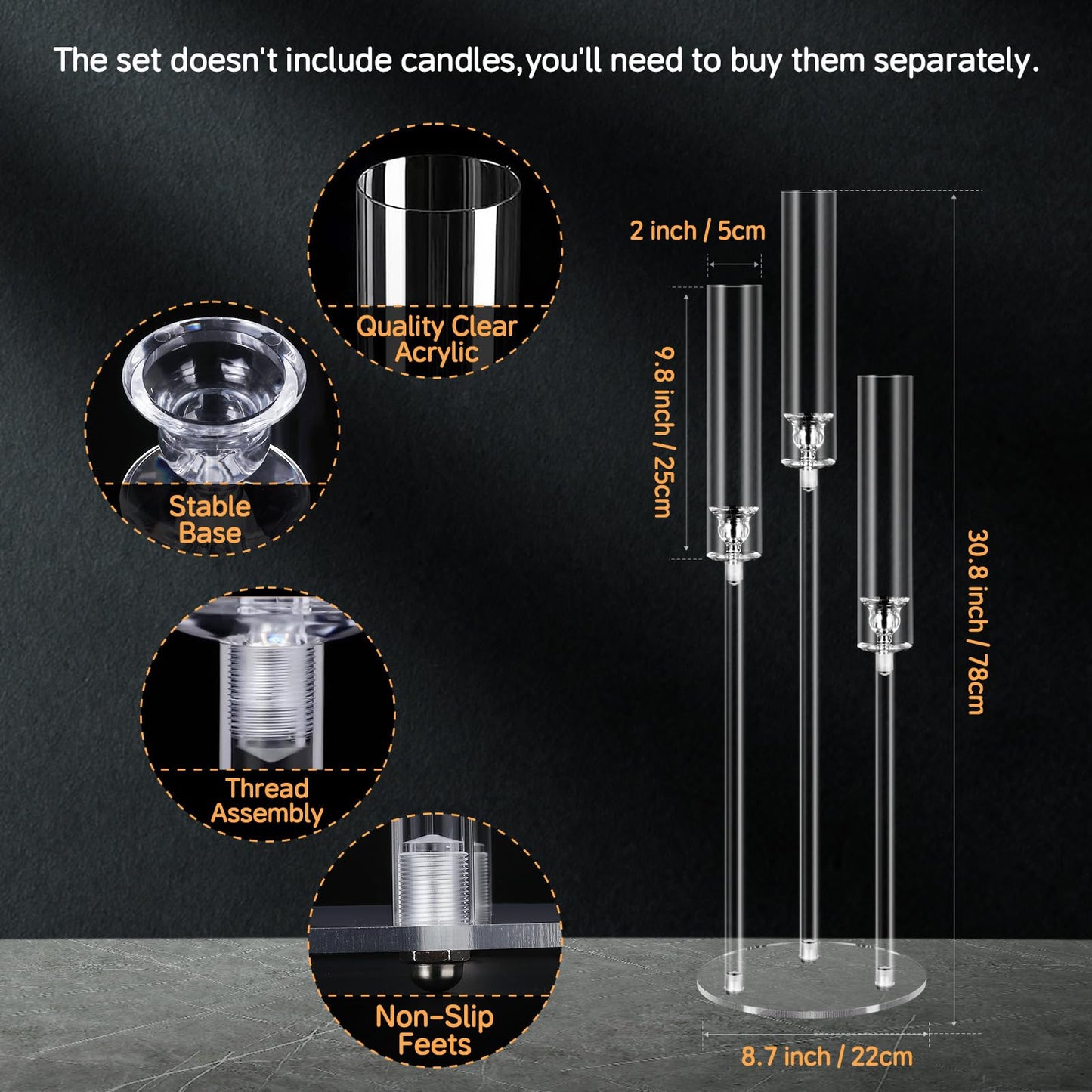 6 Set 3 Arms Acrylic Candelabra Centerpieces for Wedding Table Decorations,30.7" Clear Candlesticks Holder with Acrylic Shade for Valentine's Day Dinner Party Fireplace Decor Fit LED Candle