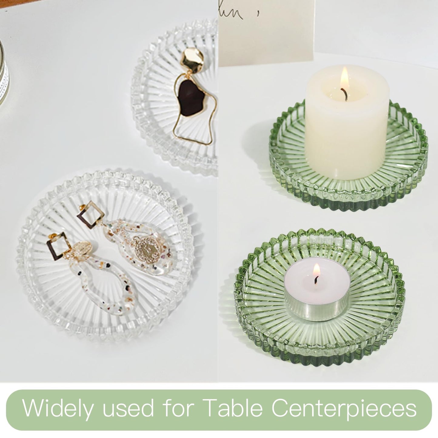 CHOCSTAY Glass Pillar Candle Holder, 4" Green Candle Plates Set of 3, Glass Candle Holders for Wedding, Party, Holiday, Home Decor, Table Centerpiece
