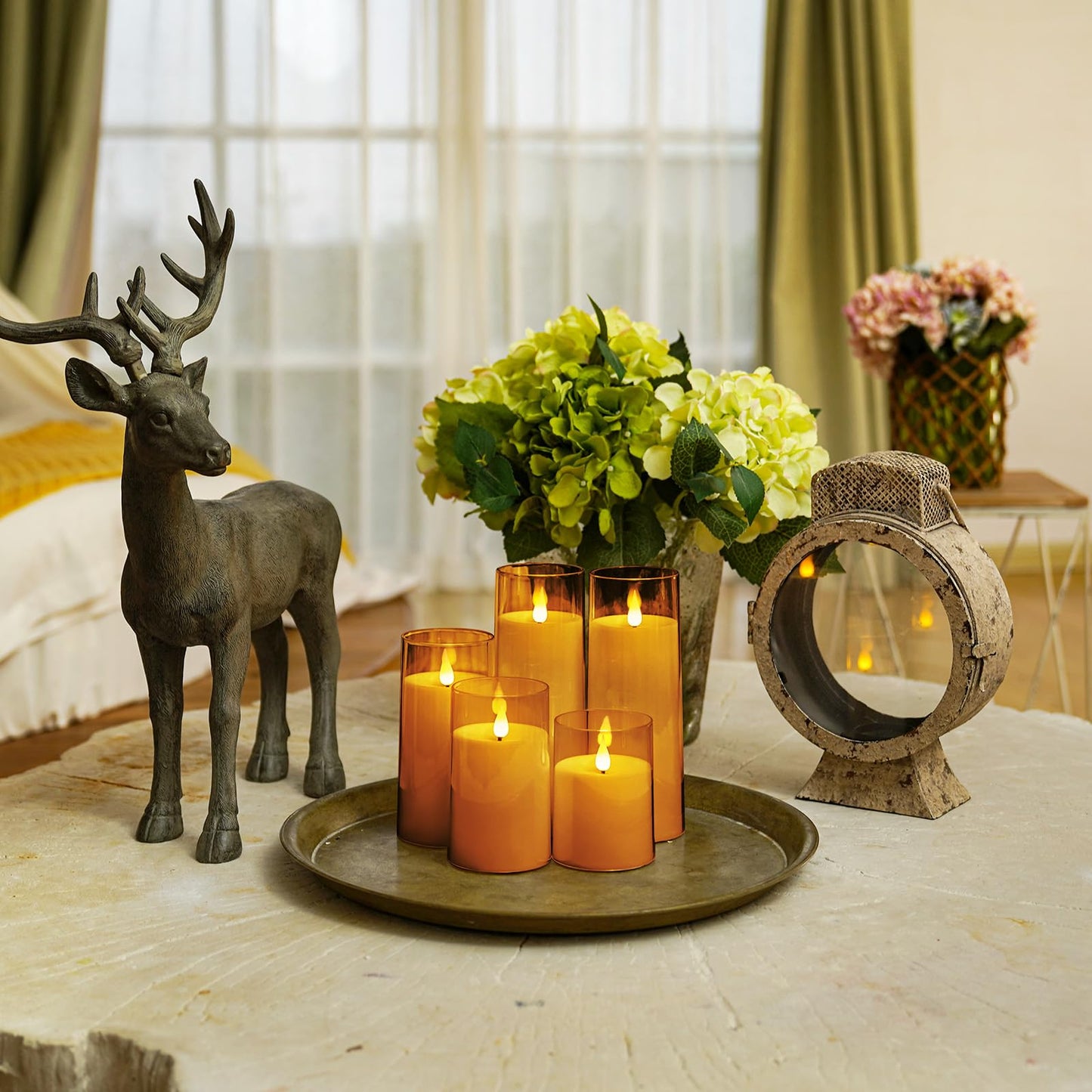 Homemory Amber Flickering Flameless Candles, Battery Operated Acrylic LED Pillar Candles with Remote Control and Timer, Fall Candles, Set of 5