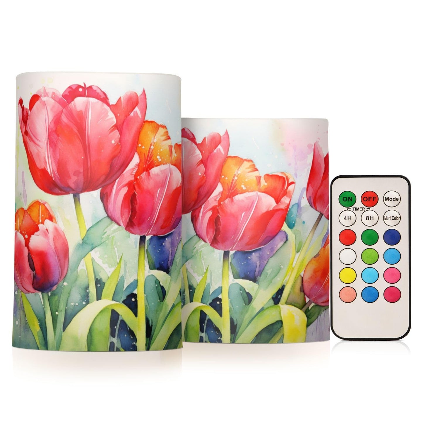 ALAZA Red Tulip Spring Flameless Candles, LED Pillar Candles with Remote Timer, Battery Operated Candles Set of 2