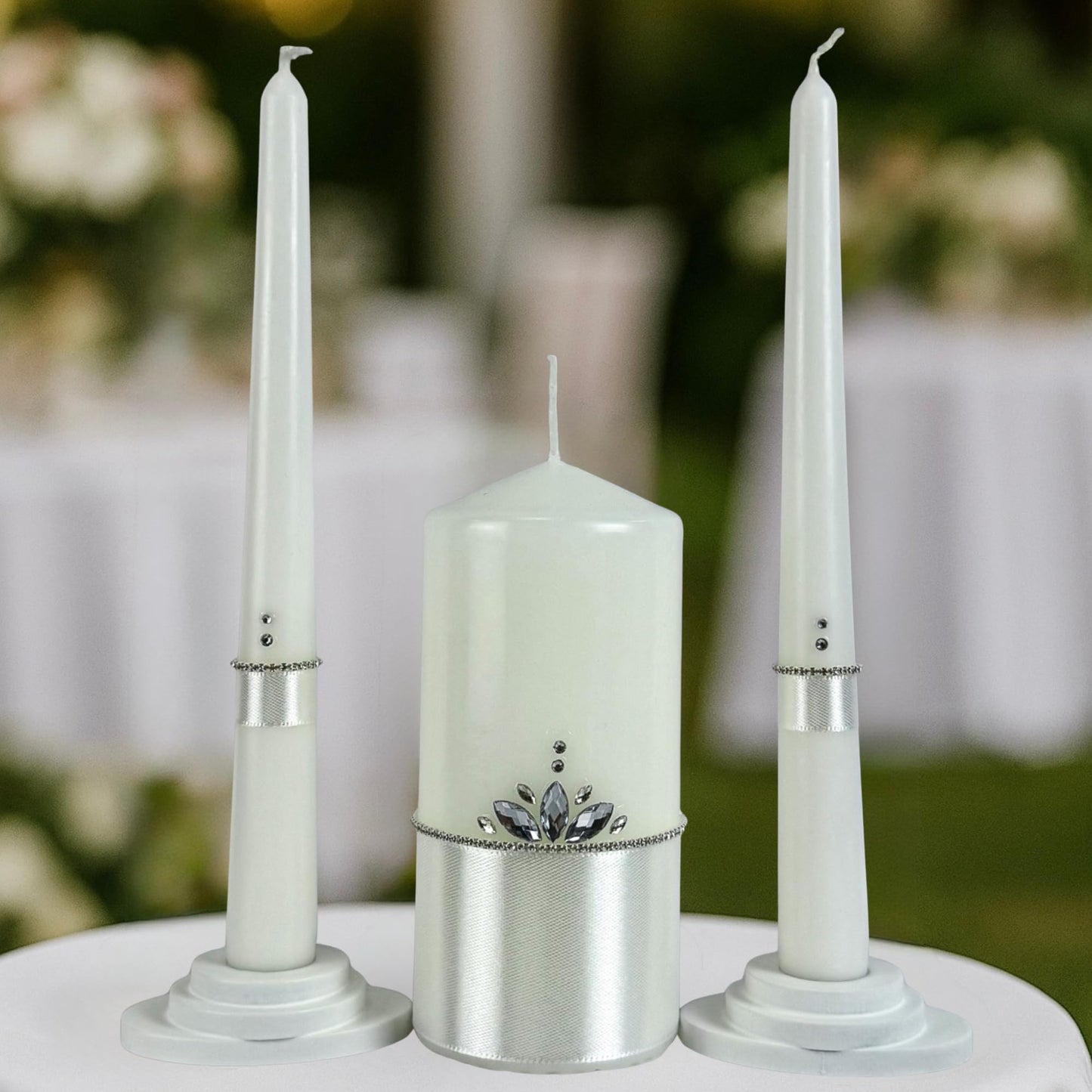 Magik Life Unity Candle Set - Wedding Ceremony & Reception Candle – 6” Pillar & Two 10” Taper Candles – Long Burning Unity Candles for Marriage Ritual – Handmade in USA –White |Classic|Crown