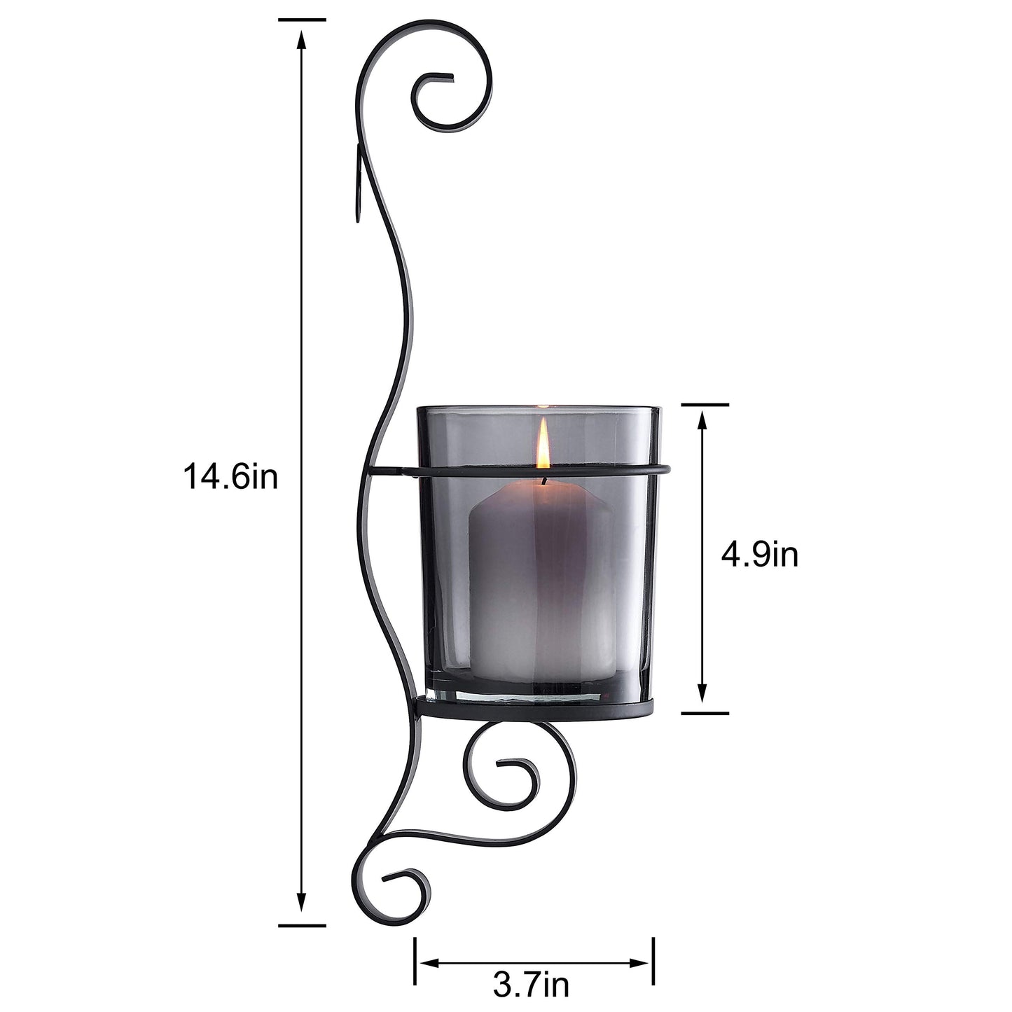Danya B. 14.5" Vintage Black Wall Sconce Candle Holder Set of 2 with Smoke Glass Hurricanes and Iron Metal Frames, Rustic Style, for Standard Pillar or Flame-Less LED Candles