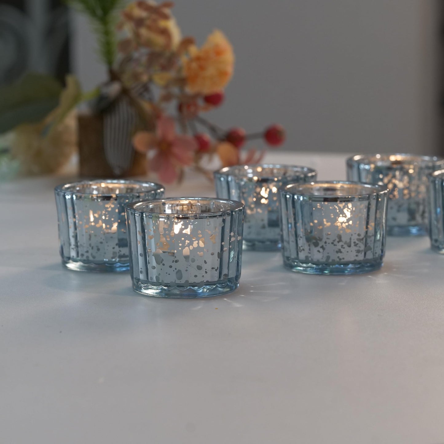 Round Clear Votive Candle Holders Set of 12, Purple Wedding Centerpiece Table Decorations, Mercury Glass Tealight Candle Holder for Bridal Shower, Baby Shower & Home Decor (Blue)