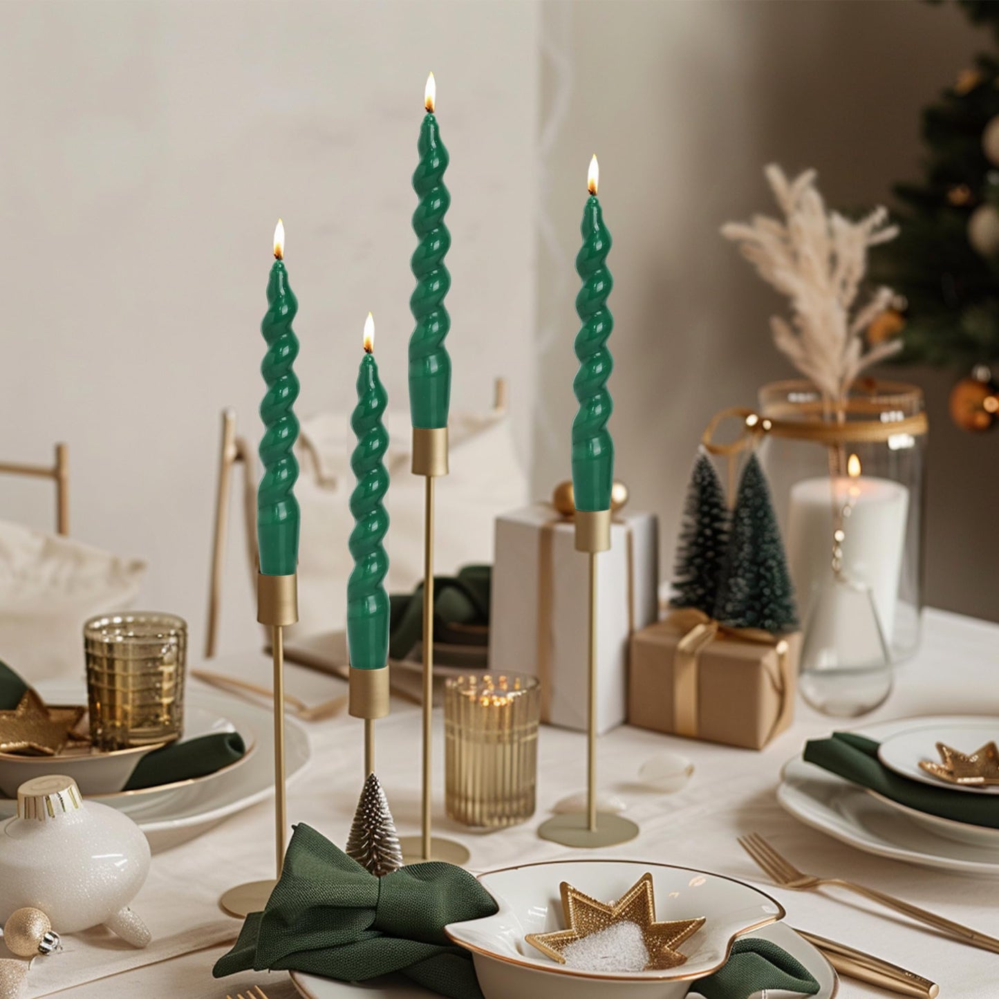 MAITREYA Dark Green Taper Candles Stick Spiral Twisted Candles Set of 4 for Decoration Weddings Party Church-Unscented Dripless Candles7.5inch(A-DarkGreen-new)
