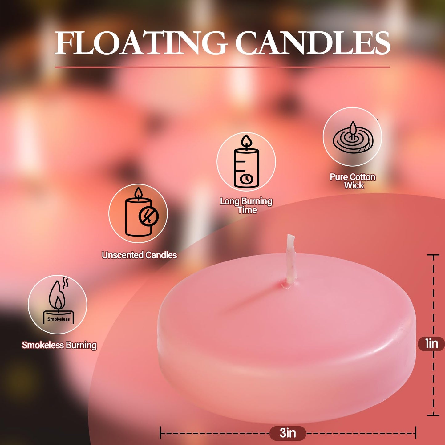 3 inch Floating Candles 8-9 Hours Pink Floating Candle for Centerpieces 36 Packs Unscented Floating Candles 3" Water Candles for Cylinder Vases,Pool,Wedding