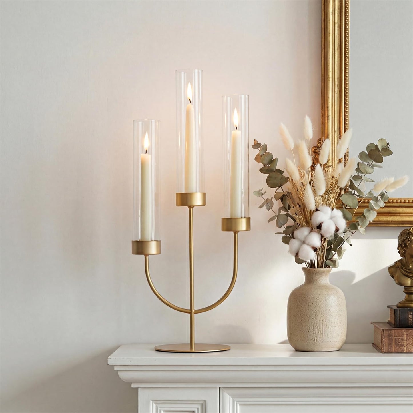 Sziqiqi Candelabra Gold Candlestick Holders: 3 Arm Candelabra Centerpiece with Glass Hurricane for Dining Table Fireplace - Modern Candle Holders for Wedding Christmas