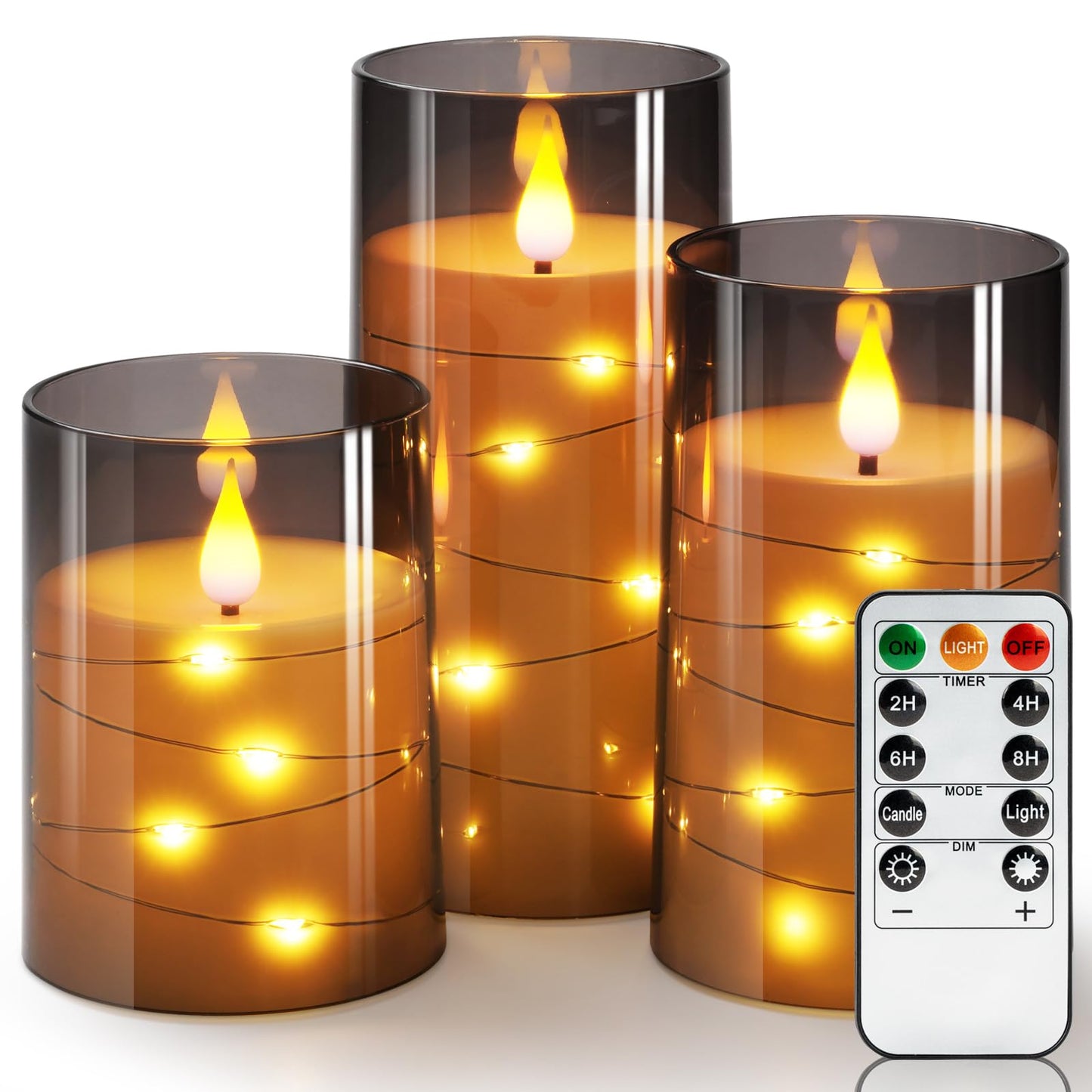 Homemory Flickering Flameless Candles with String Lights, Battery Operated Candles, Embedded String Lights LED Candles, Unbreakable Plexiglass with Remote, Set of 3, Grey
