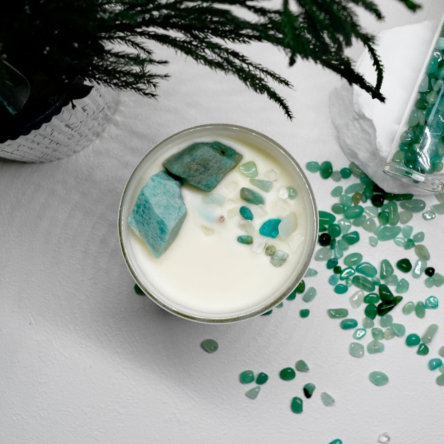 Ava Concept Amazonite Crystal Candle – 10oz / 280g Fig Tree & Sandy Sea Aromatherapy Hand-Poured Soy Wax Genuine Amazonite Healing Crystals Embedded Cleansing, Health & Calming Gift Box Included