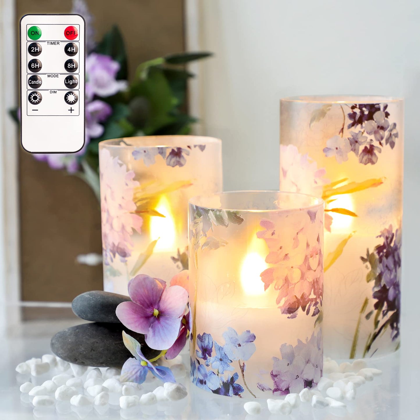 Silverstro Hydrangea Flameless Candles with Remote Blinks Glass Real Wax LED Candles - Home Party Wedding Romantic Love Theme Summer Holiday Decor - Set of 3