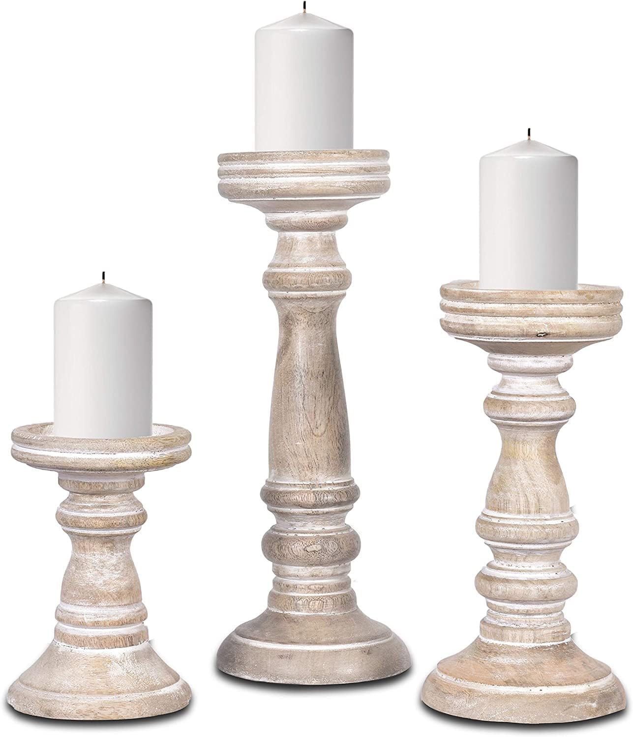 STORE INDYA Candle Holders for Pillar Candles (Set of 3) -Candle Holder Set - Rustic Wooden Candle Holders Pillar - Candle Stand for Table Centerpiece -6", 9", 12" (White)