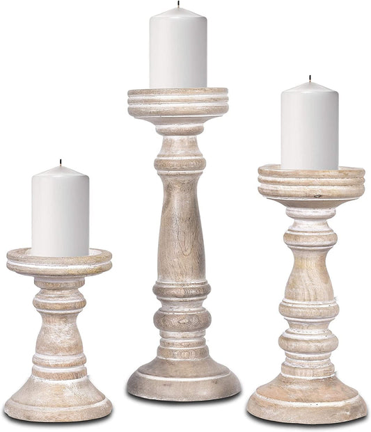 STORE INDYA Candle Holders for Pillar Candles (Set of 3) -Candle Holder Set - Rustic Wooden Candle Holders Pillar - Candle Stand for Table Centerpiece -6", 9", 12" (White)