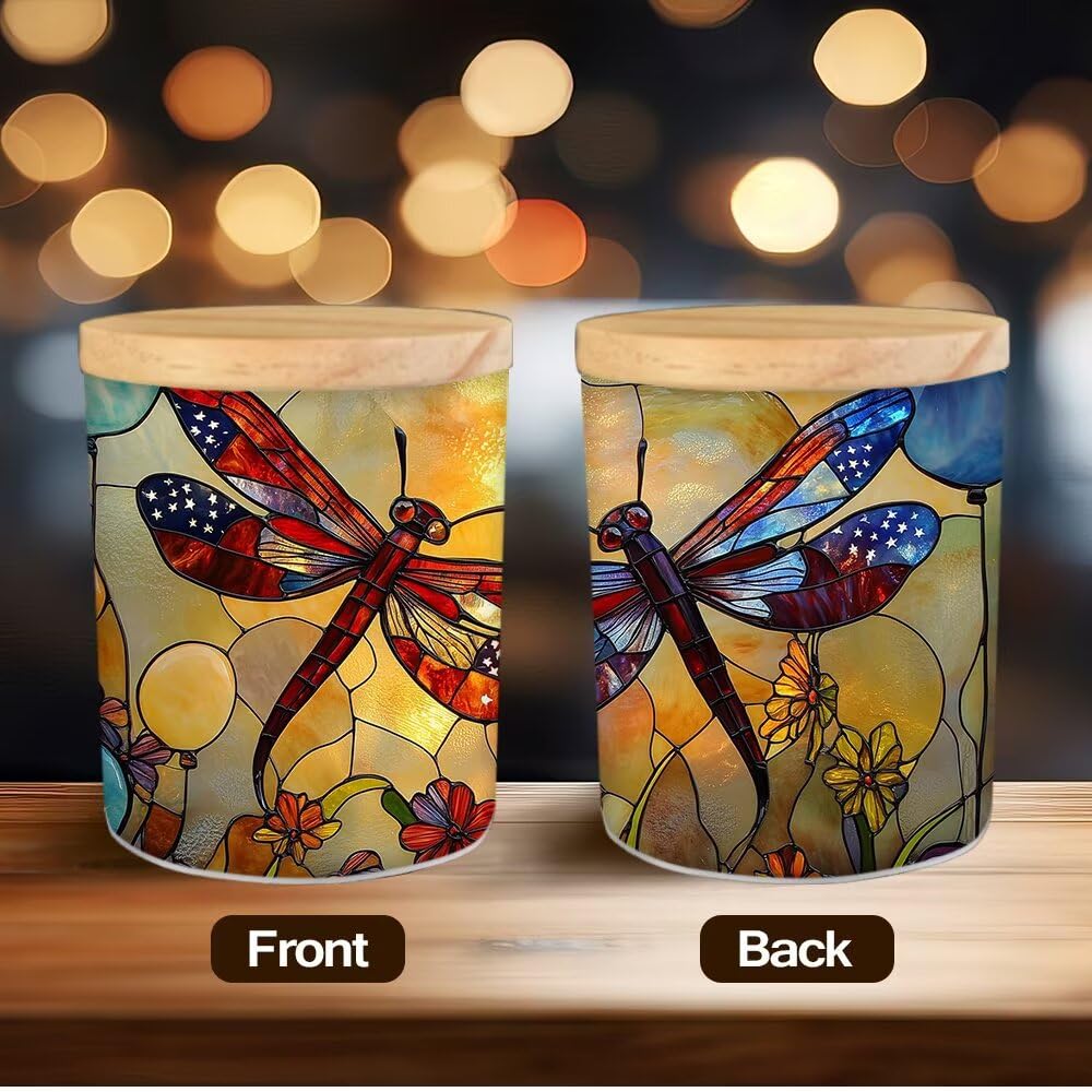 Stained Glass Dragonflies Tea Light Candle Holders, Pastoral Wildflowers Tealight Candle Holder Jar with Wooden Lid, Votive Candlesticks for Table Centerpieces, Christmas,Birthday Party