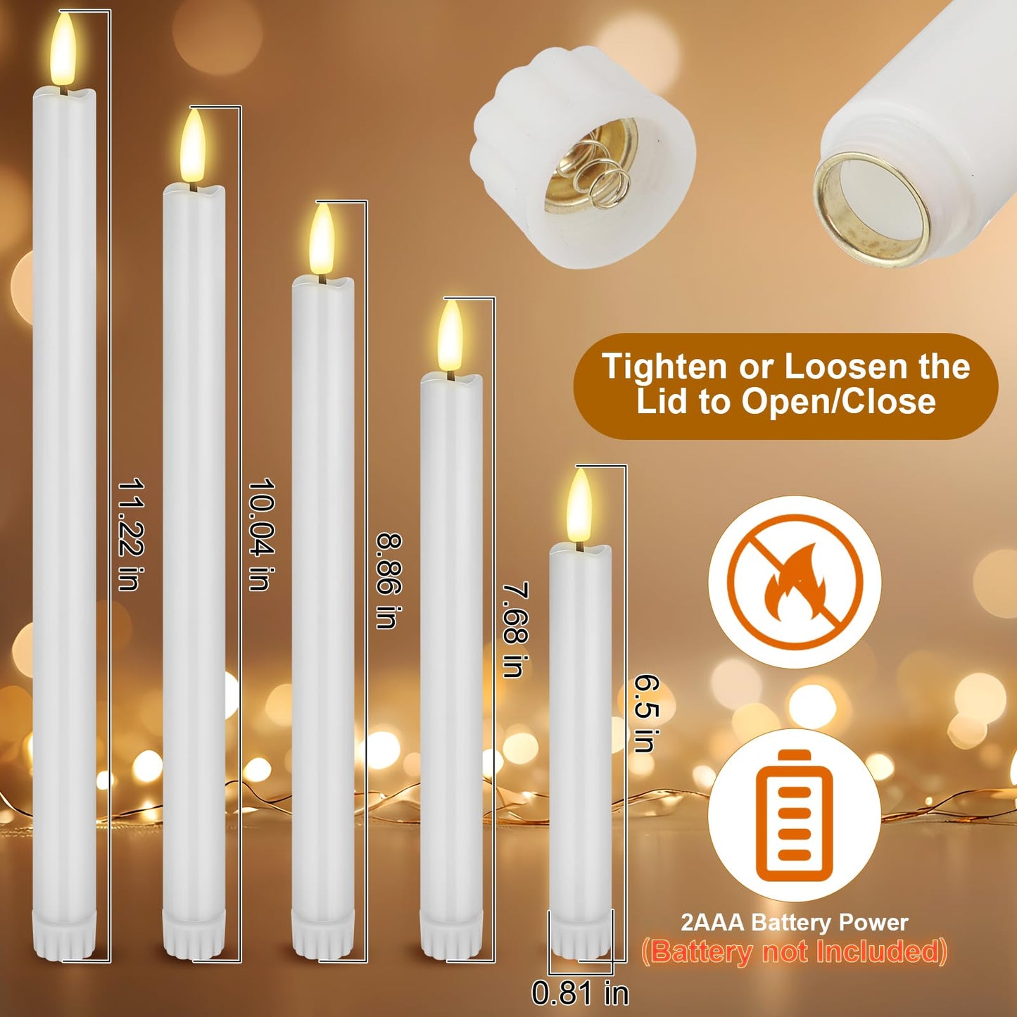 Rossesay 20 Pcs Flameless LED Taper Candles Battery Operated Taper Candles 5 Sizes of 6.5'', 7.7'', 8.8'', 10.0'', 11.2'' Flameless Candlesticks Flickering with 3D Flame for Wedding (White)