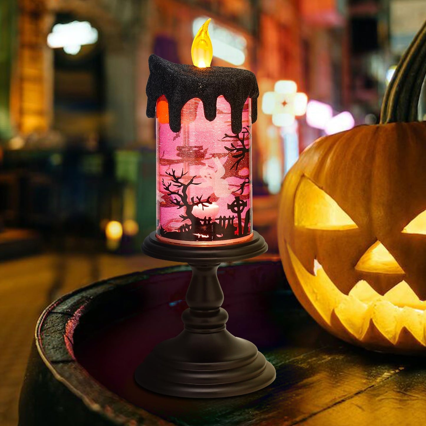 Halloween Snow Globe Candle Lamp – Battery Operated Flameless Candle with Spinning Water & Glitter, Lighted Tornado Effect Table Centerpiece for Indoor Halloween Decorations （Pink