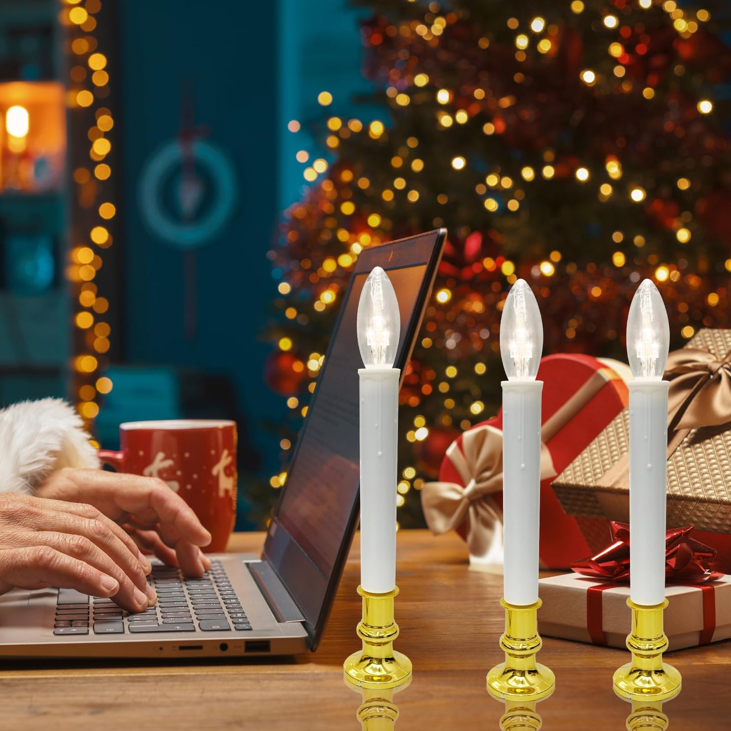 Oviejo 4 Pack Christmas Electric Candles, Electric Candle Lamps with Gold Base, Christmas Window Candles with 6-18 Timer On/Off for Home Table Weddings Holiday Decor