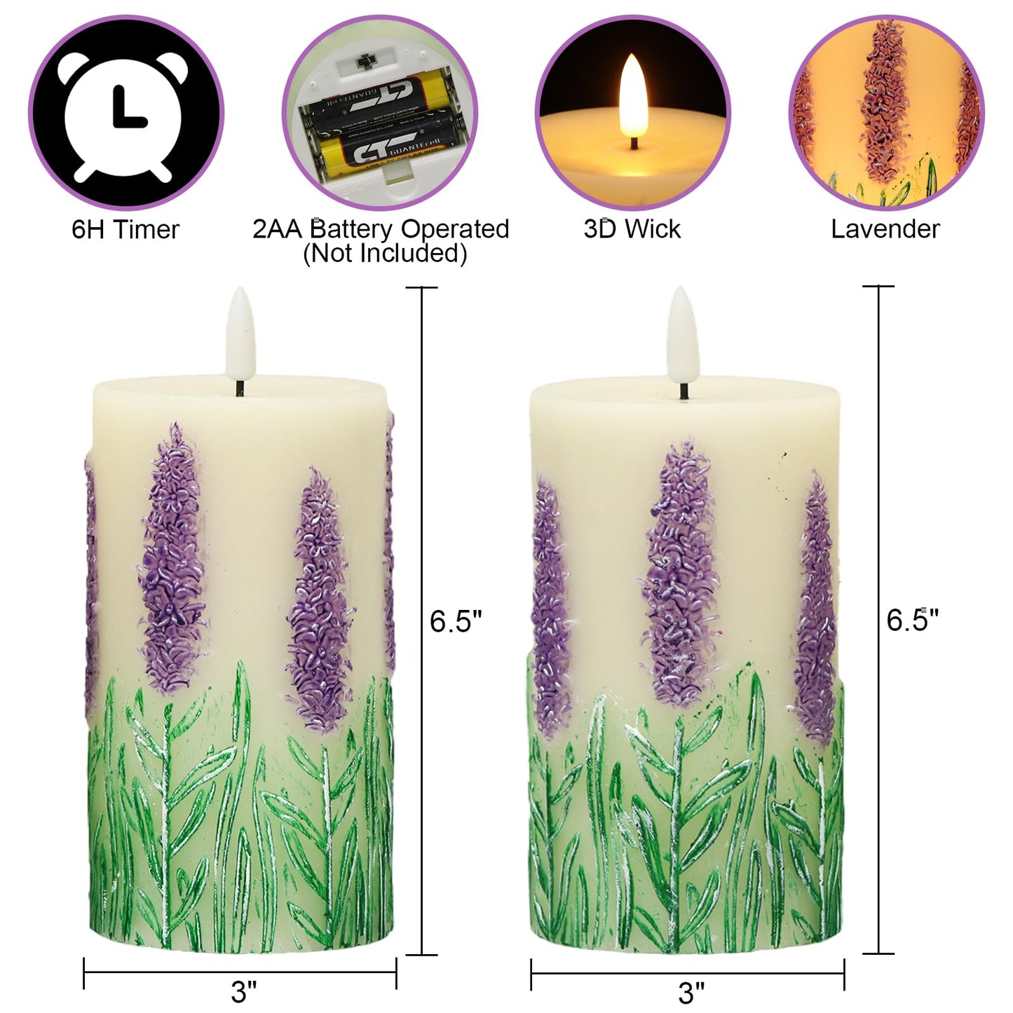 Eldnacele Lavender Flameless Candles with 6 Hour Timer, Battery Operated Hand Painted 3D Wick Flickering Real Wax LED Pillar Candles for Spring Dinner Christmas Holiday Decor((2Pcs, D3×H6.5)