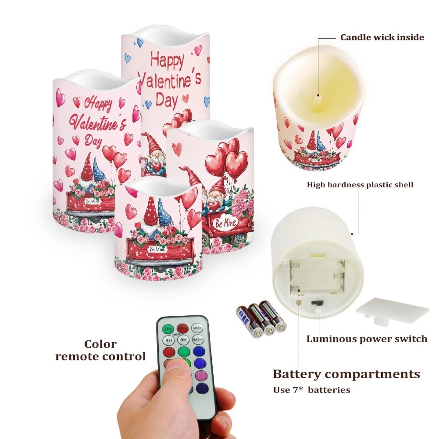 Uorisanigo Cute Gnome Rose Plastic Flameless Candles with Remote Control and Timer American Flag LED Flickering Battery Electric Pillar Candles for Home Valentine's Day Decoration