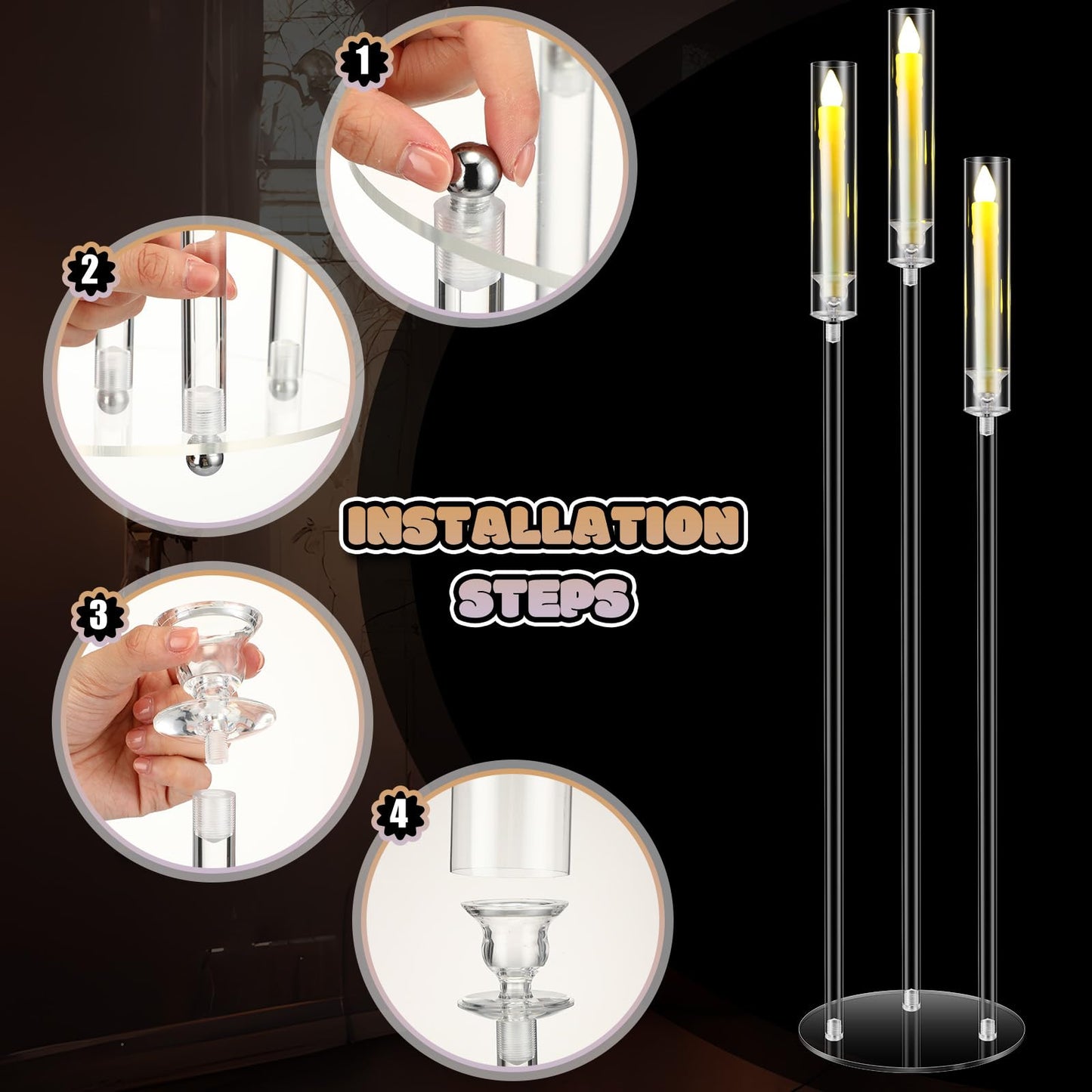 Havawish 6 Set Acrylic Candelabra Centerpieces 3 Arms with 18 LED Candles 42.5'' Floor Tall Candle Holders with Acrylic Shade Wedding Clear Table Candlesticks Stand Fit 0.8'' for Party