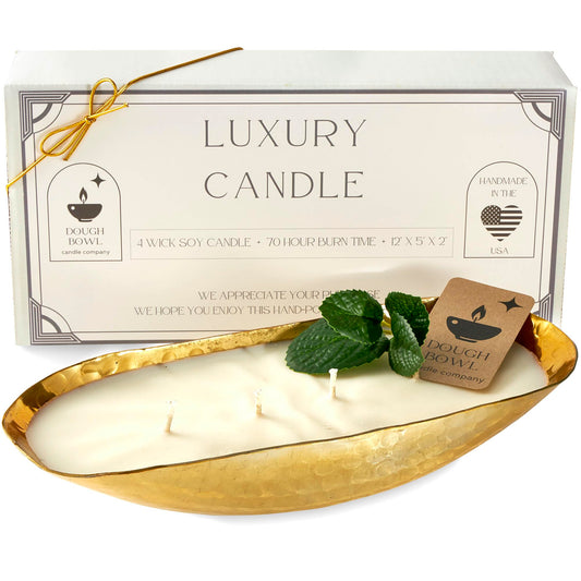 Dough Bowl Candle Co. Luxury Candle - Scented Luxury Candles for Home, 12x5x2 Inch Vessel for Women and Men, Fancy 4 Wick for All Occasions (Gold, Palo Santo and Patchouli)