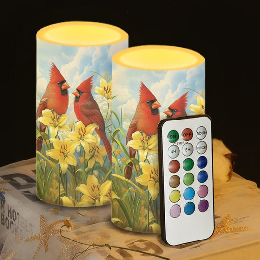 Luarisgur Cardinal Bird Flameless Candles 2 Pack 6 x 3 inch Battery Operated Candles with Multicolor Timer Remote Control LED Fake Candles for Warm Light Dinner Table Home Decor