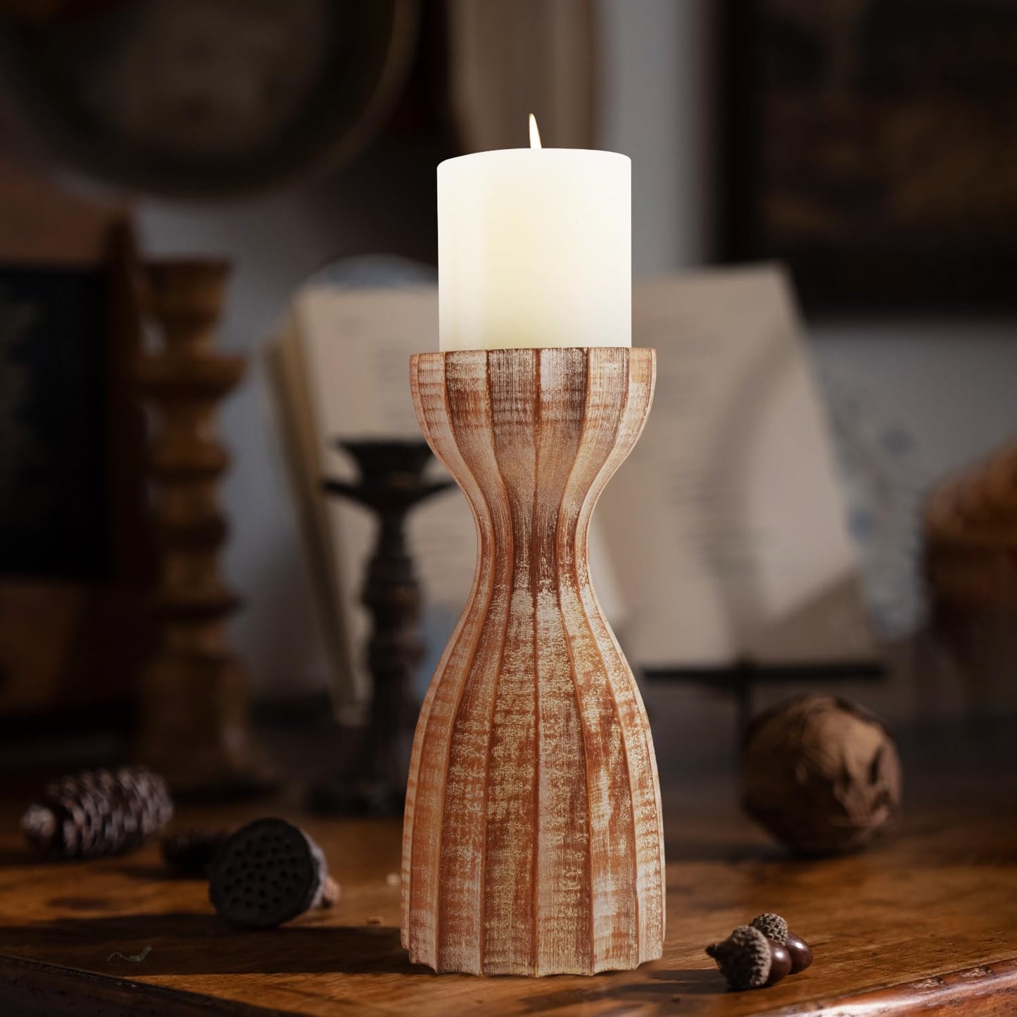 Farmhouse Wooden Candle Holders for Pillar Candles, Brown Prism Rustic Wood Pillar Candle Stands Table Centerpiece Decor for Fireplace, Living, and Dining Room