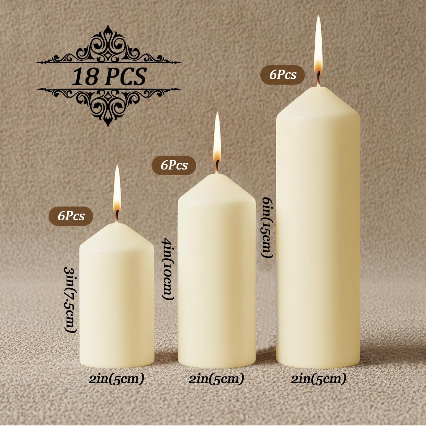 Veiuwa 18 Pack Ivory Pillar Candles Bulk Set, 2x3 2x4 2x6 Inch - 6 Each Size, Dripless Smokeless Clean Burning for Wedding Centerpieces, Home Decor, Church, Romantic Ambiance！
