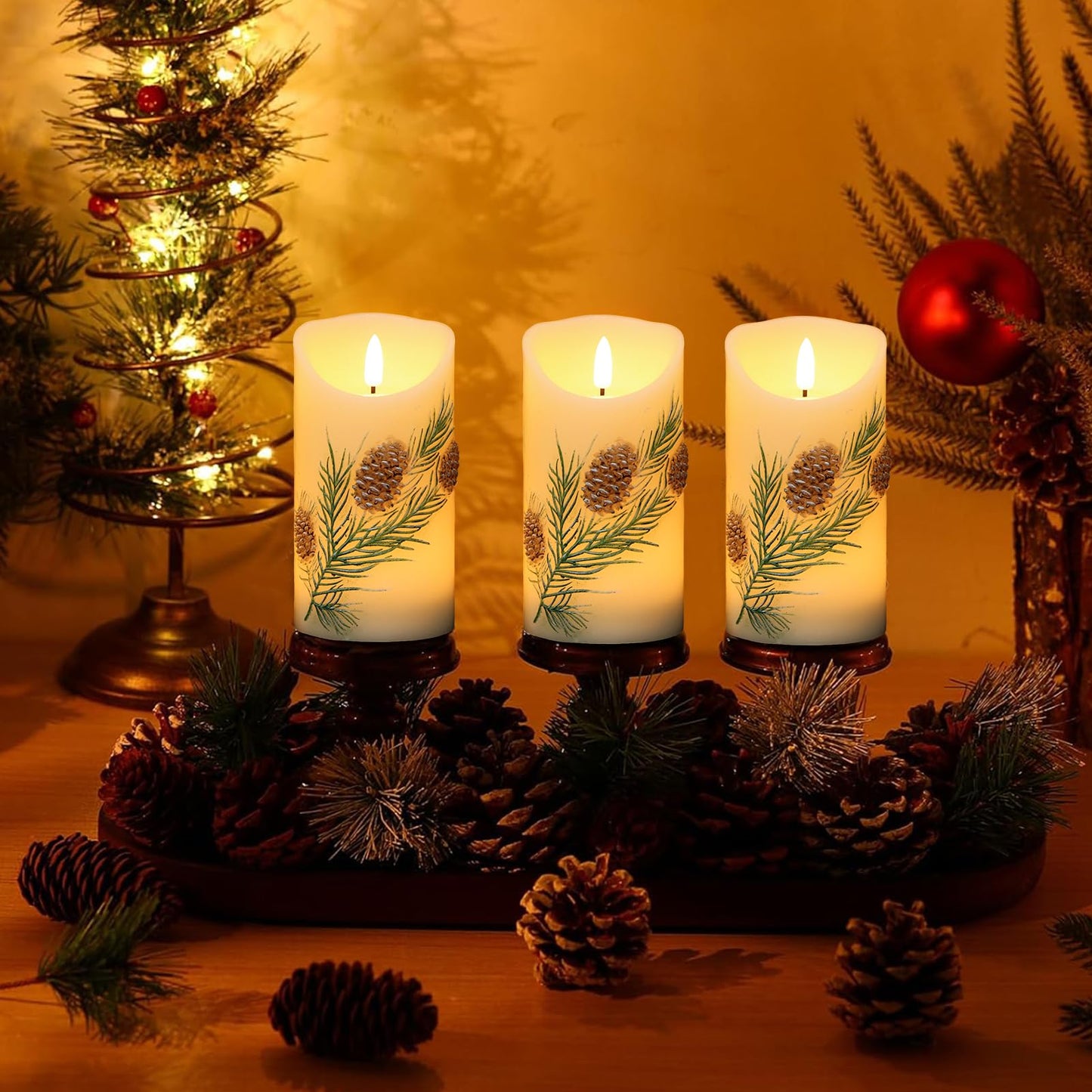 Lasumora Pinecone LED Candles with 6H Timer, flameless Candles with Flickering Flame, Waxy Pillar 2 Pack Flickering Acorn Decor Woodsy for Fall Christmas Decor (3 inches x 5.7 inches)