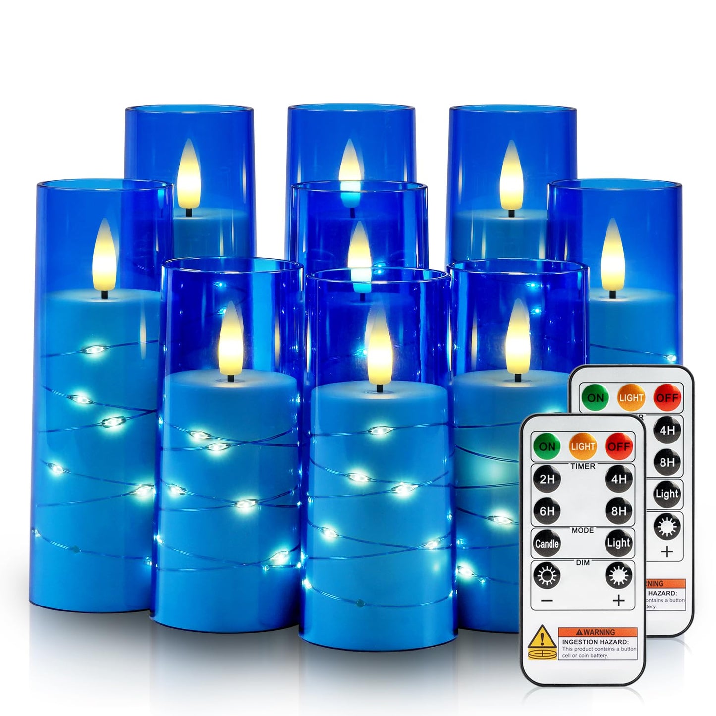 Raycare Independence Day Flameless Candle with Remote Timer – 9 Flickering Acrylic Battery Operated LED Pillar Candles with Embedded Star String for 4th of July Home Patriotic Decor, as a Gift (Blue)