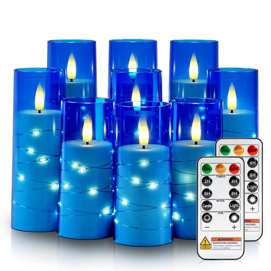 Raycare Independence Day Flameless Candle with Remote Timer – 9 Flickering Acrylic Battery Operated LED Pillar Candles with Embedded Star String for 4th of July Home Patriotic Decor, as a Gift (Blue)